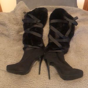 Black Faux Fur Knee Heel Boots size 8 (Eur38)